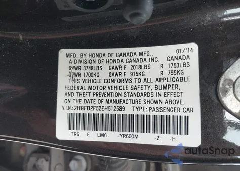 2014 Honda Civic Lx из США, поврежденный, VIN 2HGFB2F52EH512589